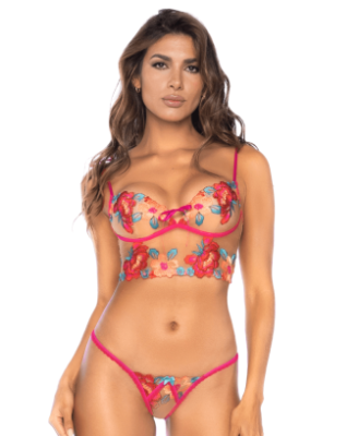 Ensemble 2 pièces brodé rose et bleu, bustier et string 